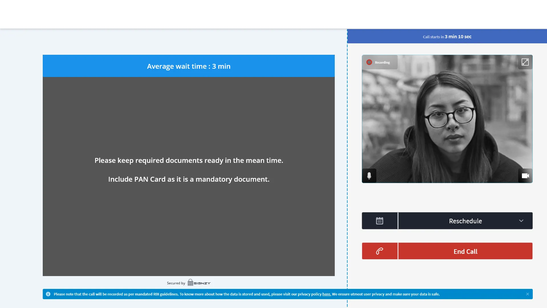 Signzy Video KYC Call Screen